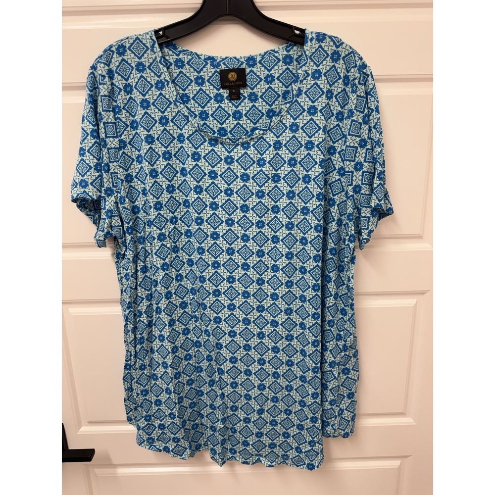 JM Collection Women Turquoise Geo Print Short-Sleeve Top Size XL EUC A8